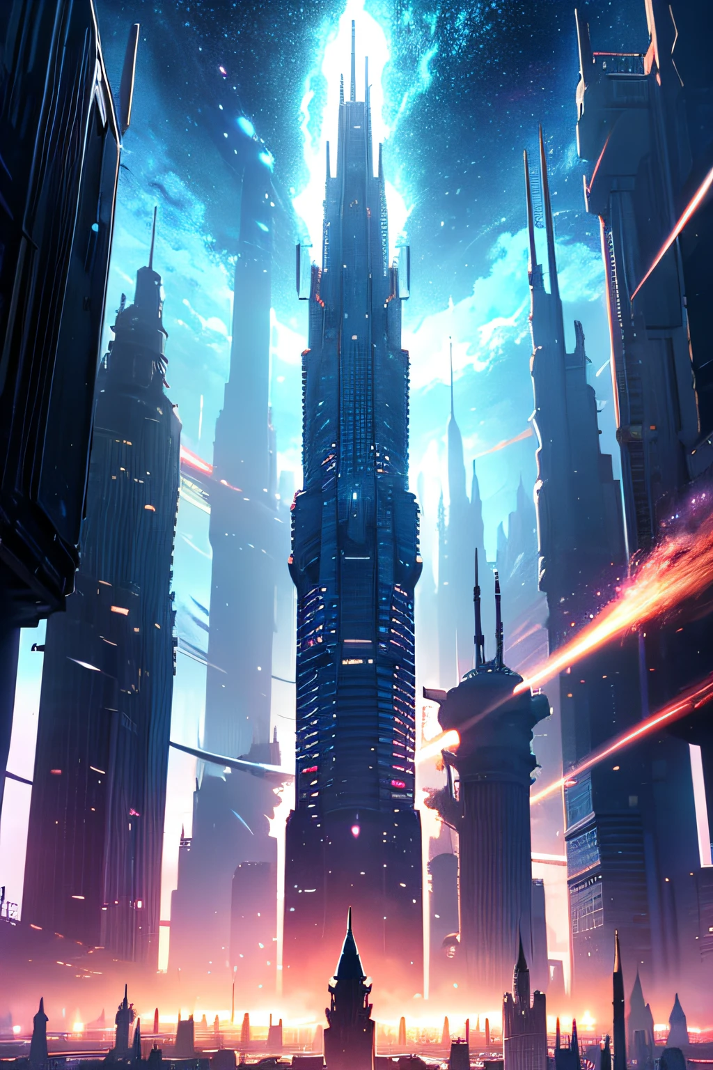 In the magnificent and textured space world, a giant megacity in the sky, lot of colored and beautifull sky