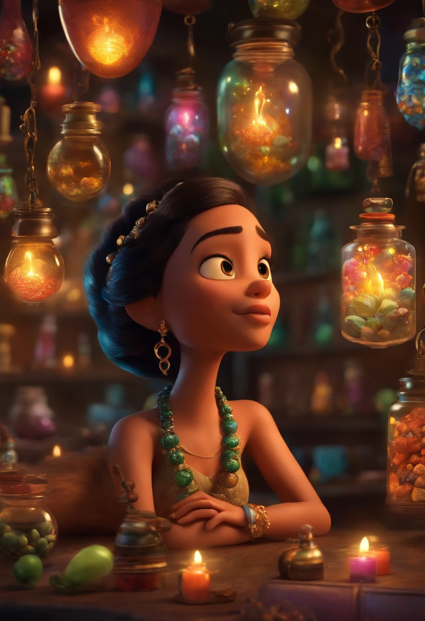 A collector of ideas inspired by Pixar animation, de perto. She is surrounded by a collection of magic vials, each containing a unique idea. The focus is on the character, with a captivating facial expression, Against a backdrop of shimmering, cores efervescentes.