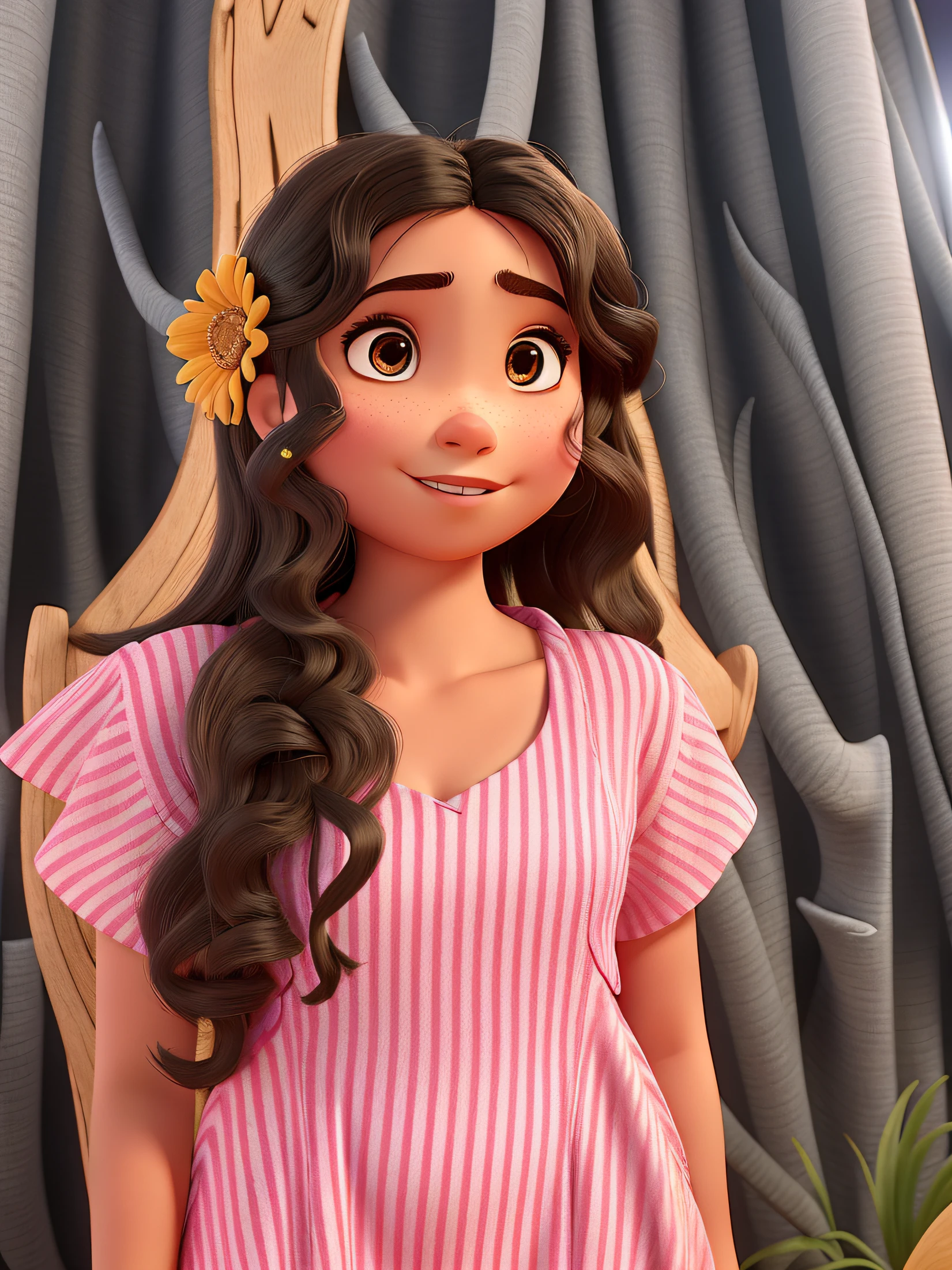 Uma menina morena com um vestido estilo pixar, alta qualidade, melhor qualidade