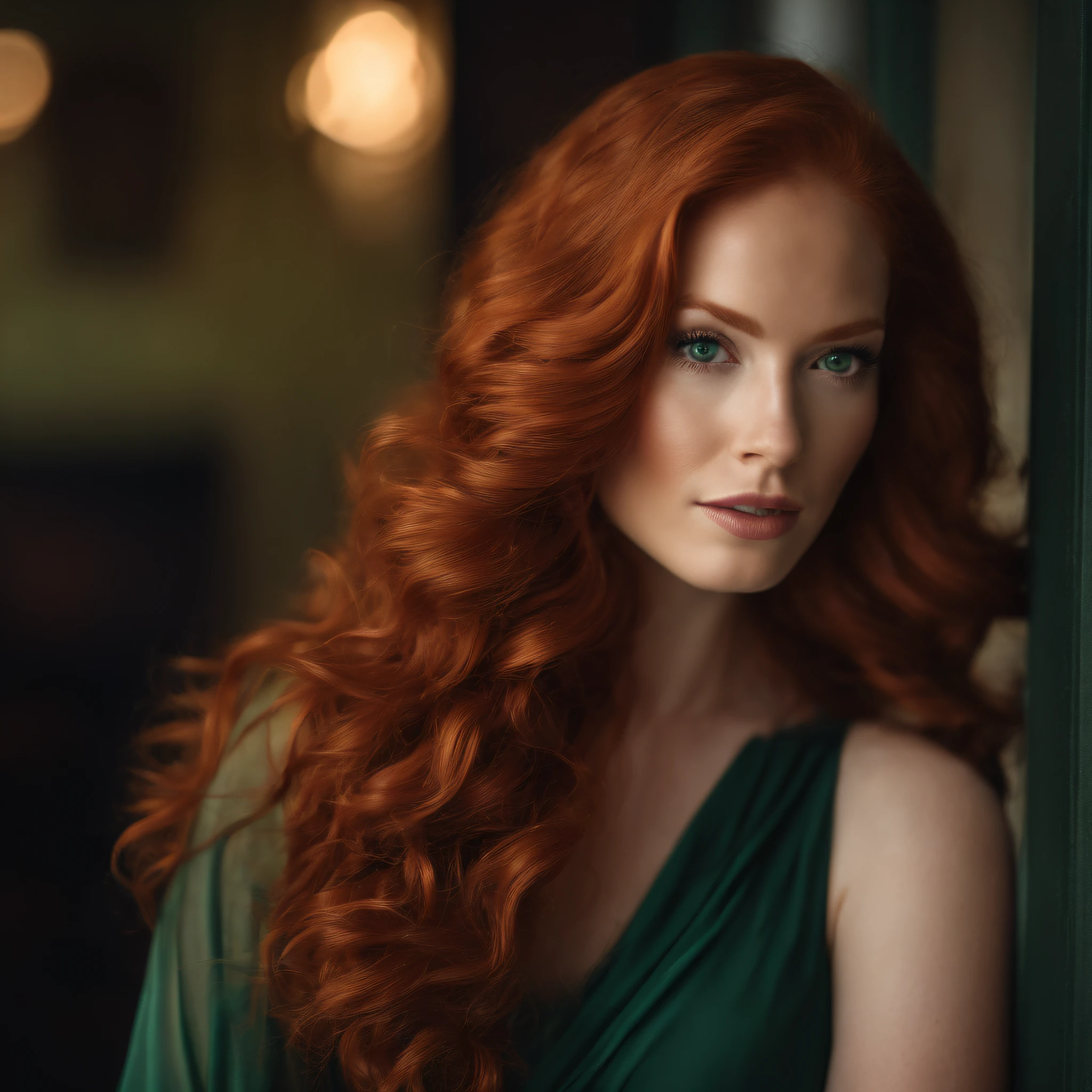 there is a woman with red hair and green eyes posing for a picture, ginger wavy hair, beautiful redhead woman, flowing ginger hair, redhead woman, red hair and attractive features, with red hair and green eyes, red curled hair, long curl red hair, wavy big red hair, beauty retouch, redhead girl, woman with red hair, curly red hair,full body picture , tall, zoom out ,