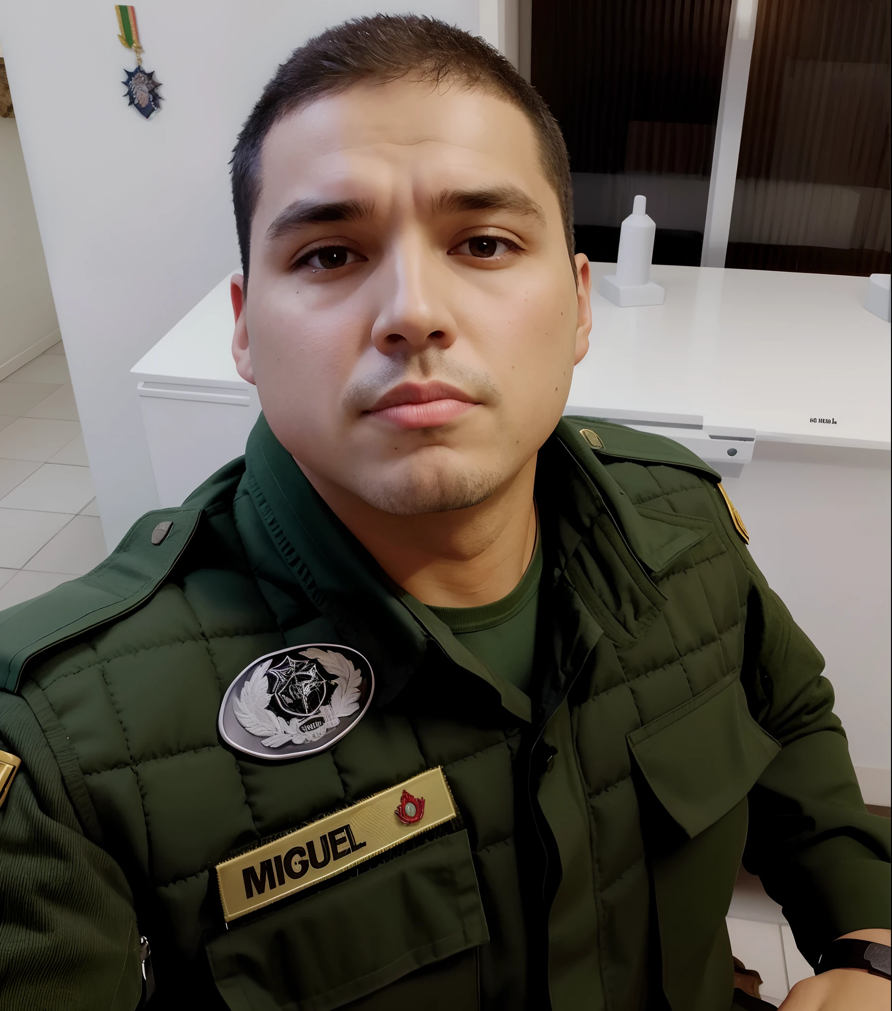 Homem de uniforme sentado em uma cozinha com uma faca, Jose Miguel Romano Francisca, uniforme completo, Miguel Anjo, andres rios, usando uniforme militar, em uniforme, full body camera shot, Ranger robustamente bonito, em uniforme militar, Retrato de corpo inteiro de um guarda florestal, imagem de qualidade muito baixa, imagem frontal, usando uniforme militar, vestindo roupa militar