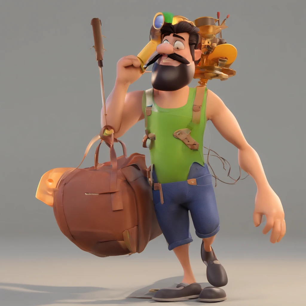 Criar um personagem no estilo Pixar. Trata-se de um homem de 40 anos, com barba, Negro, com cabelos raspado curtos e um quiff, e olhos castanhos. juntamente com o seu filho de 3 anos de idade