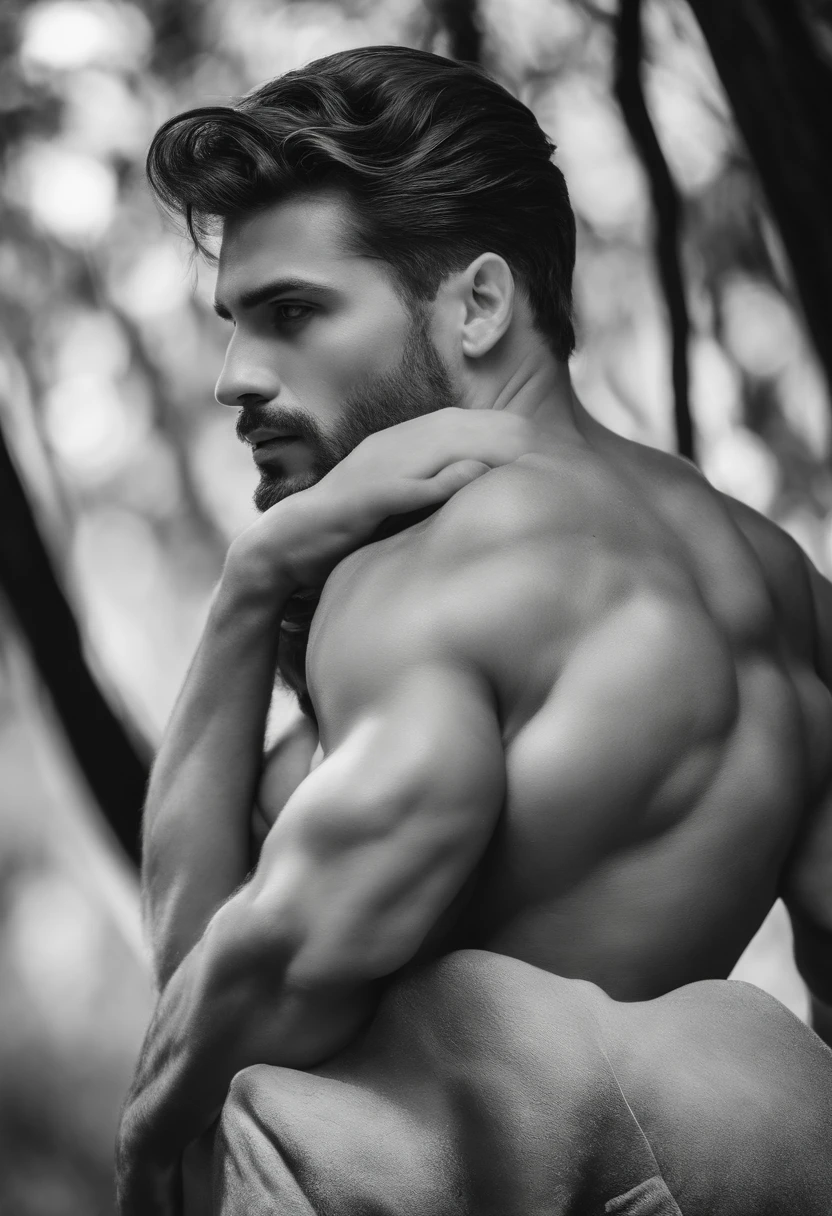 Imagem de corpo inteiro, 8k, uma obra-prima, o mais detalhado, A mais alta qualidade, o look perfeito. Oil too realistic, Criar ajuste, Man, then, Muscle, Salthendo, nu, Lobo Cinzento, (cabelos longos:1.3), tema escuro, floresta densa, lua cheia, Noite, Escuro,