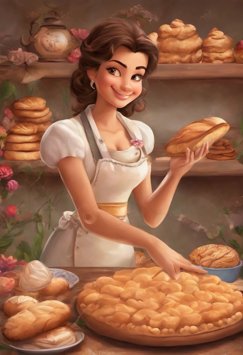 Create a Disney Pixar Poster. Uma mulher chef de cozinha, tem cabelos cor castanho escuro, medium hair, Is smiling happily, tem olhos castanhos pequenos, usa brincos pequenos, tem pele branca. She's making bread in a bakery and she's talking on her cell phone. Na confeitaria tem flores na cor rosa.