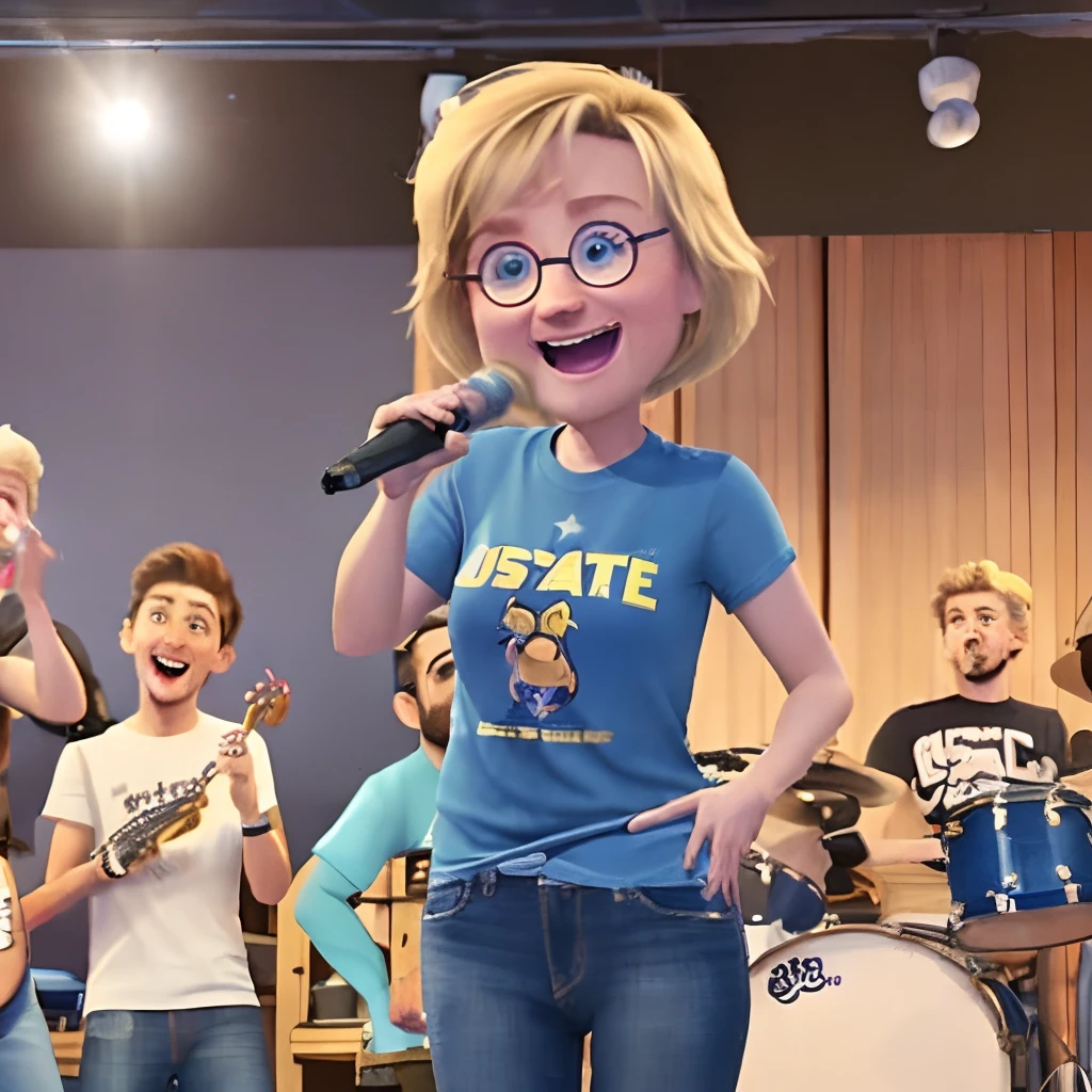 as a pixar character A blonde girl with brown eyes singing at a party with a band in jeans and a t-shirt