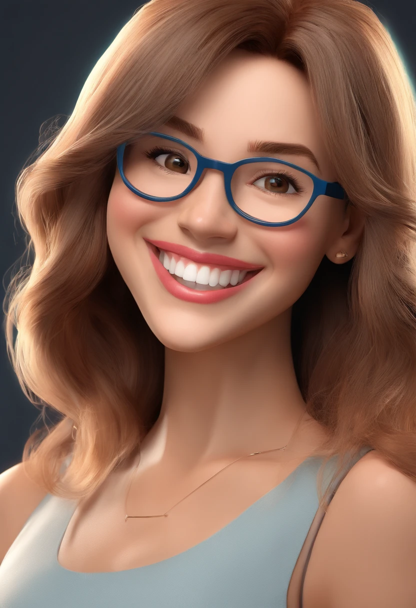 Smiling woman Illustrator, sorriso insano, mulher de pele marrom com um sorriso gigante, and round glasses, Round glasses, short hair, happily smiling at the camera, sorriso atrevido, she's smiling, sorriso muito grande, Smiling girl, foto de perfil headshot, rindo sorriso enorme, desenhando no estilo de Arte 3D, c4d, fundo de cor branco puro, estilo disney, estilo pixar render ilustracao Super Detalhe, 8k