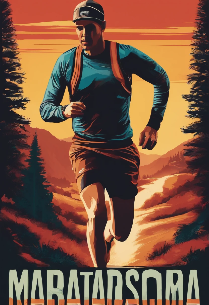 Retro style multicolored poster, cartaz estilo russo, 4k ultradefinição, maratonista trail runner de corpo inteiro, perfect hands