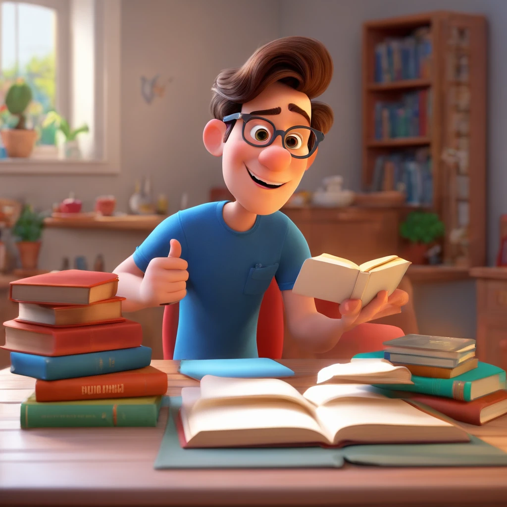 fundo branco, pixar desenhos animados 3D, homem lendo um livro, ::estilo pixar cartoon