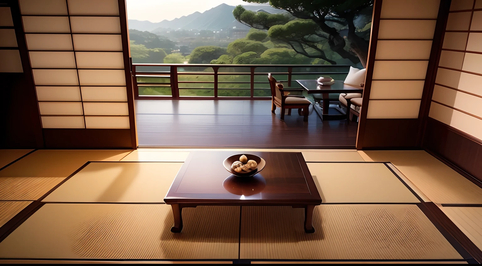 High-definition photos、Eye level、Long-established ryokan、Luxury Ryokan、Japanese style architecture、Tatami mats、coat、Garden View Room、wide々and the corridor、High-end seating table、Entire view of the room、Calm daily life、no person。