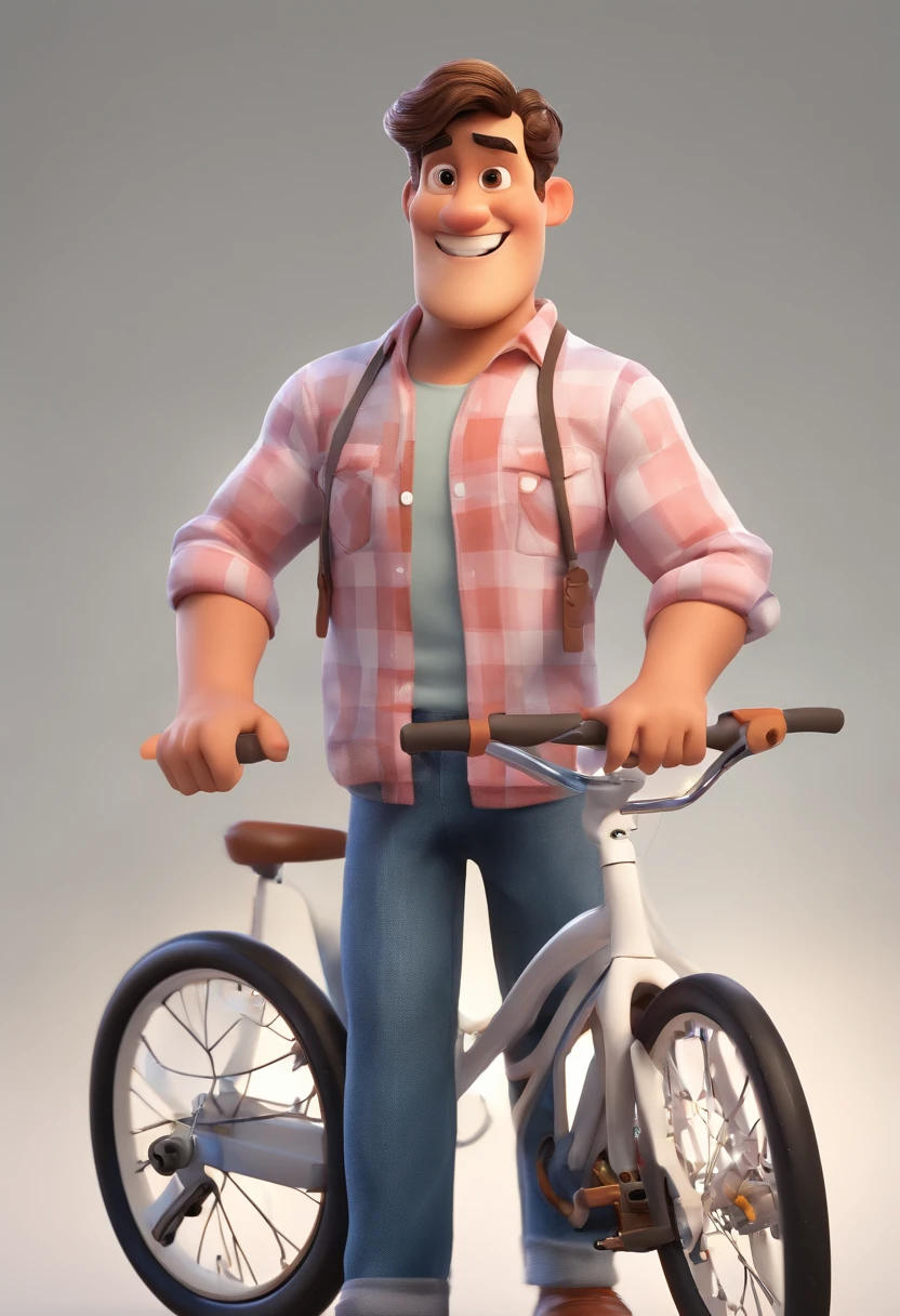 Cena estilo Disney pixar: de homem Jovem de 30 anos, branco cabelos castanhos curto, andando de bicicleta no estacionamento do shopping,