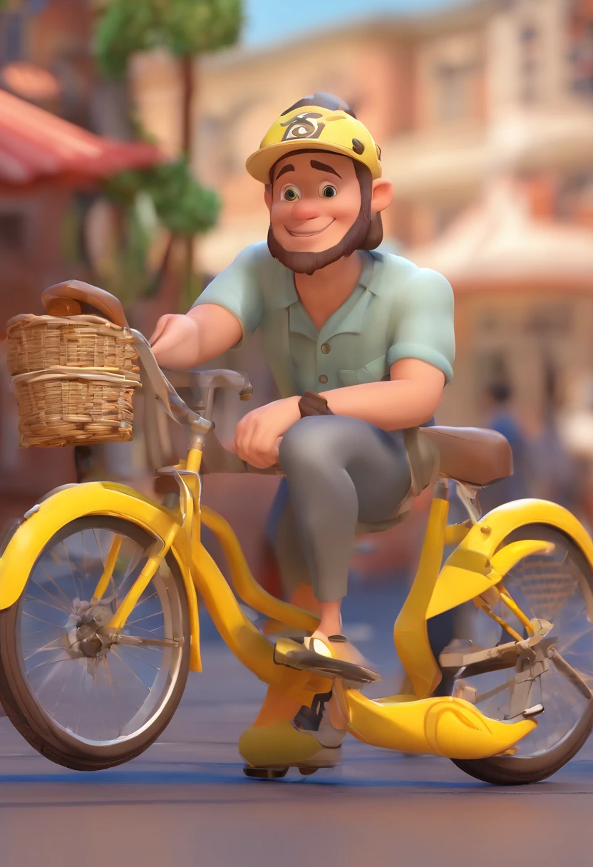 Cena estilo Disney pixar: de homem Jovem de 30 anos, branco cabelos castanhos curto, andando de bicicleta no estacionamento do shopping,