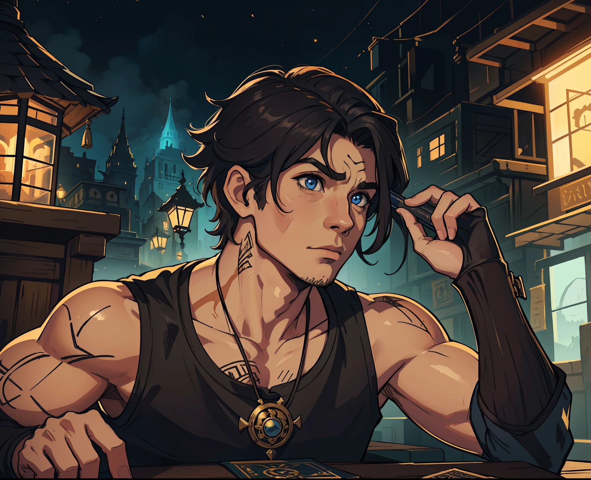 1 Homem lindo Steampuk, Tattuagens, fundo cidade anoite, uma arte para um Jogo de rpg, Non-human art for an RPG ((perfect strokes)) ((cabelo detalhado))