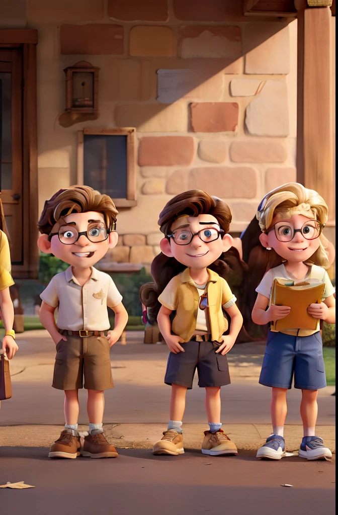 Four Friends Disney-Style Poster, A brunette holding multiple papers, A blonde long hair with her foot in a cast, A boy with glasses, segurando uma bolsa de marmita, um rapaz moreno pardo de barba cabelo liso e segurando um celular, todos de roupa preta