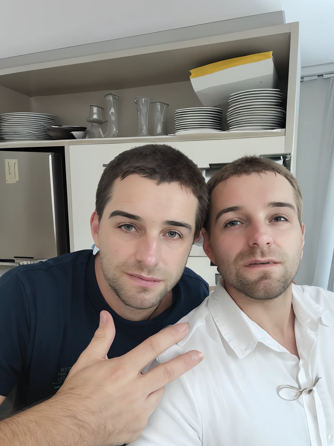 There are two men posing for a picture in a kitchen, Petros e Leonid, Vitaly Bulgarov e Mike Nash, dois homens bonitos, Mucha e Artem Demura, Greg Rutkowski e Ilya Repin, Wlop e Andrei Riabovitchev, Munkácsi e Hollósy Simon