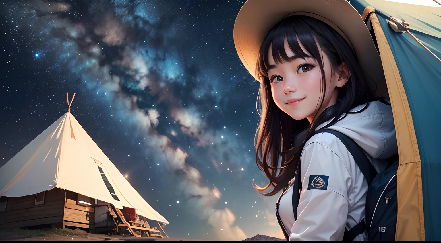 High-definition photos、The whole body is shown.、Faraway view、Young woman coming to camp on a starry day、Look at me with a smile。Outdoor style、rcasual、kindly smile、kawaii。