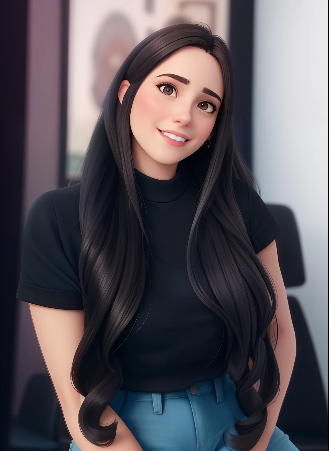Uma mulher de 18 anos, com longos cabelos castanhos escuros , Rosto redondo, sorriso encantador, e olhos castanhos, In a classroom, studio lighting, sign language interpreter and sign language teacher. She's wearing black clothes, blouse and black jeans