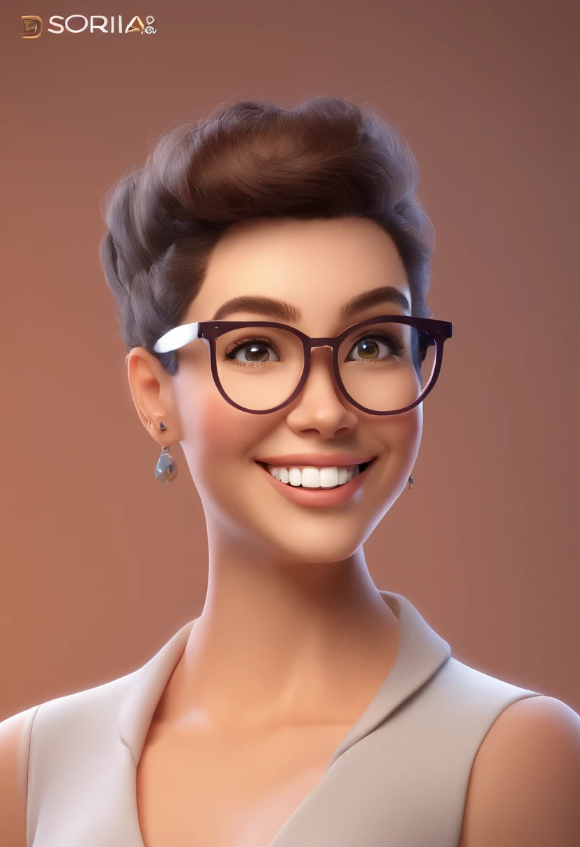 Smiling woman Illustrator, sorriso insano, mulher de pele marrom com um sorriso gigante, and round glasses, Round glasses, cabelos curtos castanhos, short hair Brown, happily smiling at the camera, sorriso atrevido, she's smiling, sorriso muito grande, Smiling girl, foto de perfil headshot, rindo sorriso enorme, desenhando no estilo de Arte 3D, c4d, fundo de cor branco puro, estilo disney, estilo pixar render ilustracao Super Detalhe, 8k