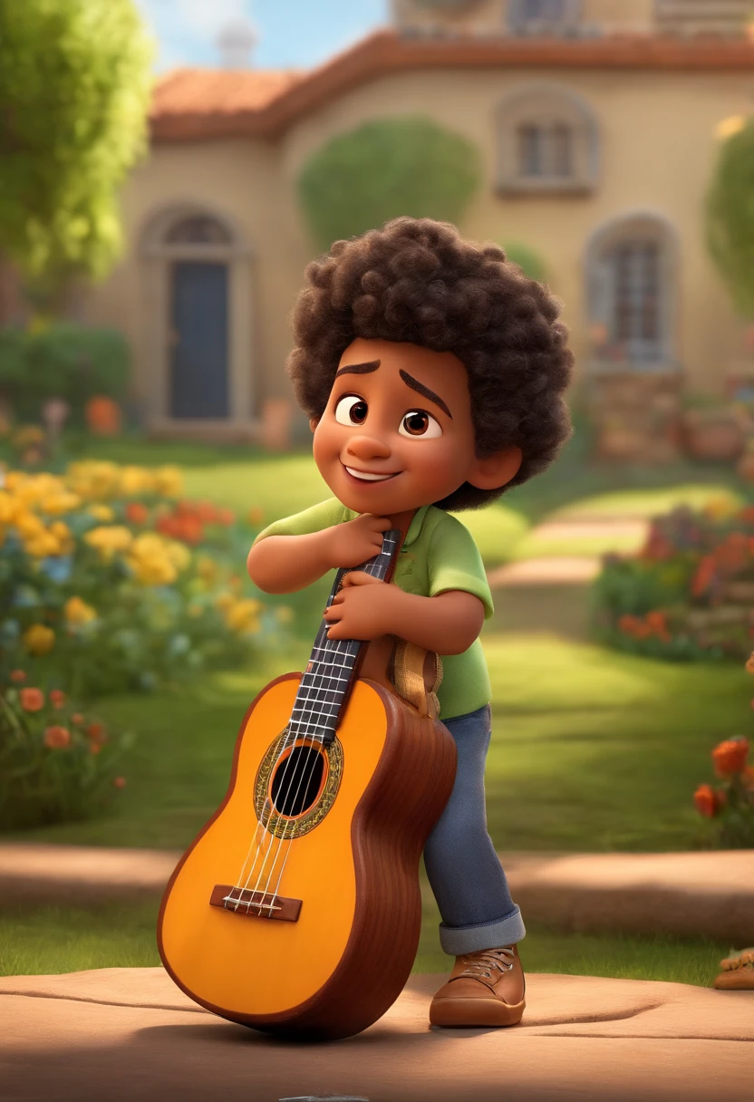 crie um banner no estilo Pixar. A boy with Brazilian features, moreno pardo com cabelos curtos pretos e levemente acinzentado, mas jovem, usando uma camiseta, Wearing jeans and holding a classic ukulele with 4 strings.Disney pixar Lucas birth