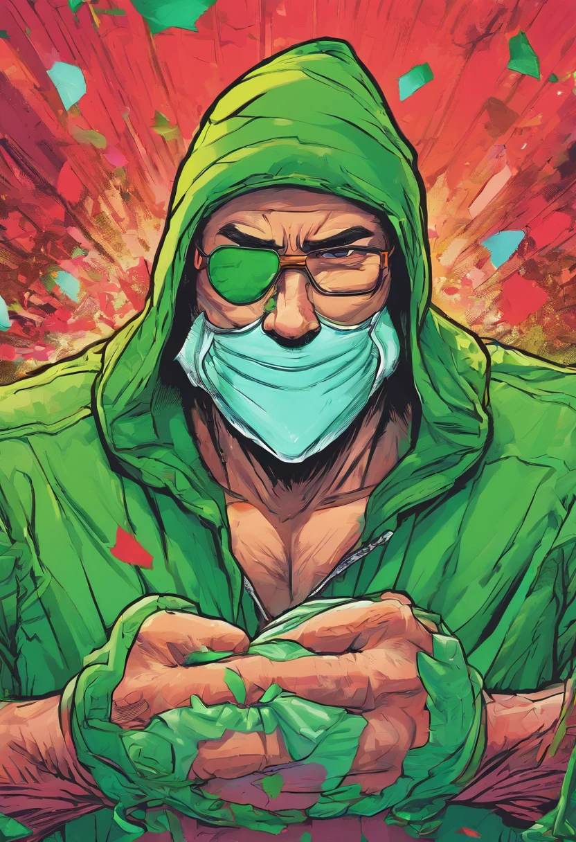 Drawing of a person wearing a santa claus hat and face mask, Detailliertes Gesicht mit Maske, expressive lines, Angry eyes, neon green eyes, Falten auf der Stirn, dark green painter's suit, Hood of the suit tightly over the head of the face