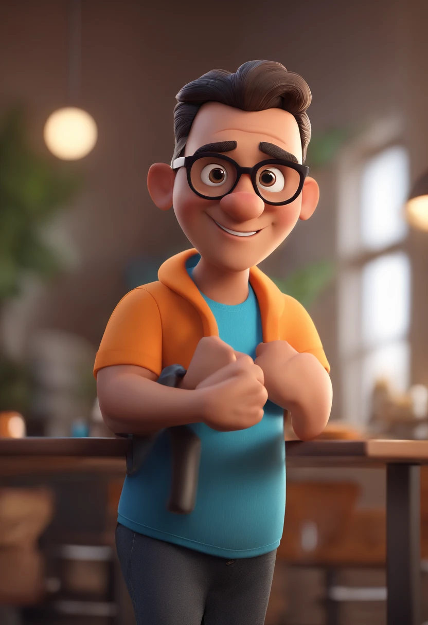 Cartoon character of a man with black glasses and a blue shirt, animation character, Caractere estilizado, animation style rendering, 3D estilizado, Arnold Maya render, 3 d render stylized, toon render keyshot, Personagem 3D, Personagem 3D, 3d rendering stylized, 3 d character render, personagem de desenho animado, Personagem de close up, Pose de personagem, (Estilo Pixar) (master part:1.2) (Bokeh) (best quality) (pele detalhada) (textura detalhada) (8k) (argila) (Cinematic lighting) (foco nítido