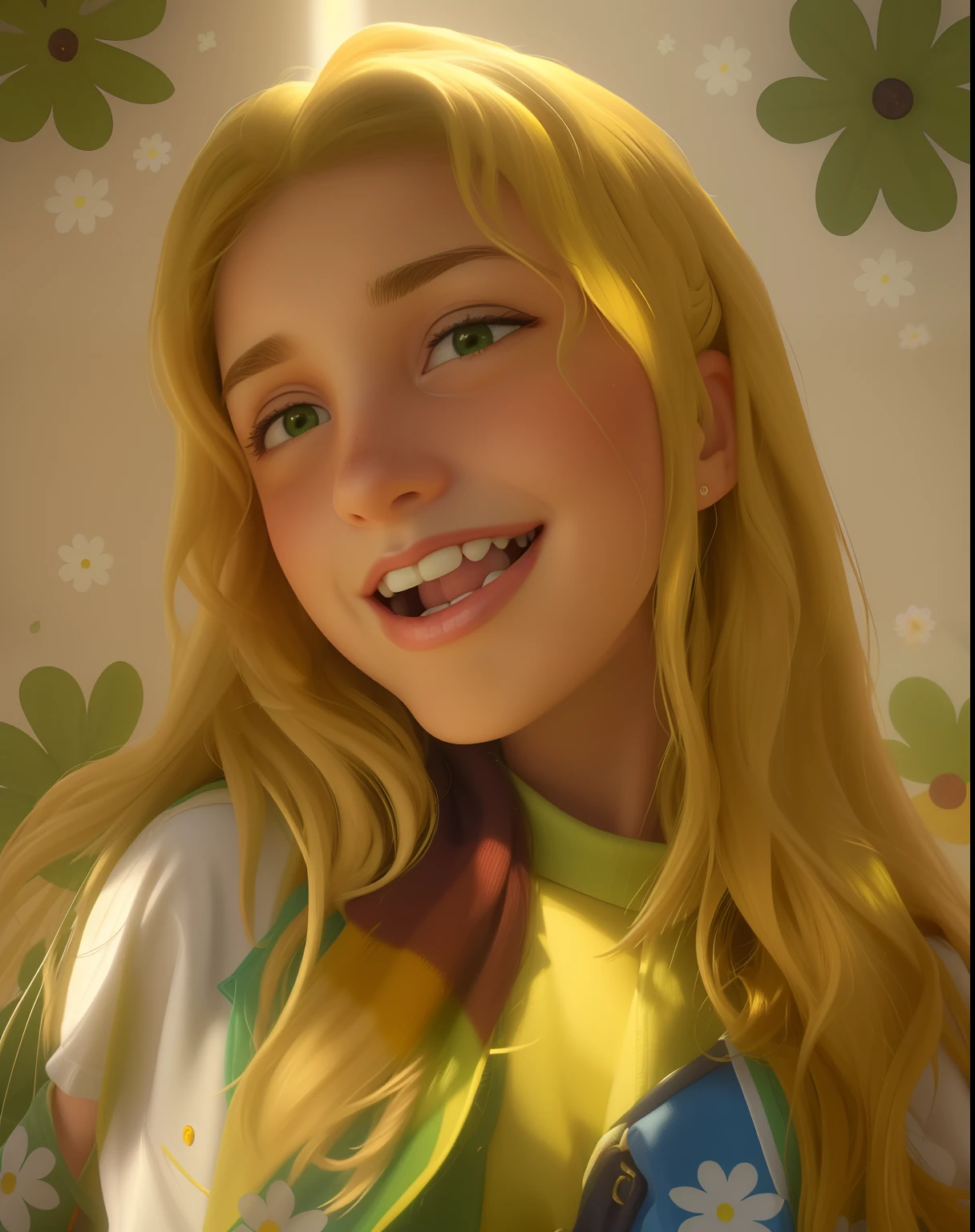 (best quality,ultra-detalhado,Realistic:1.37),oil painting,Menina de 14 anos com cabelos castanhos ondulados , Ler uma biblia,cores vibrantes, soft lighting. With a yellow Boy Scout scarf, com saia cor verde e camisa social cor marrom claro.