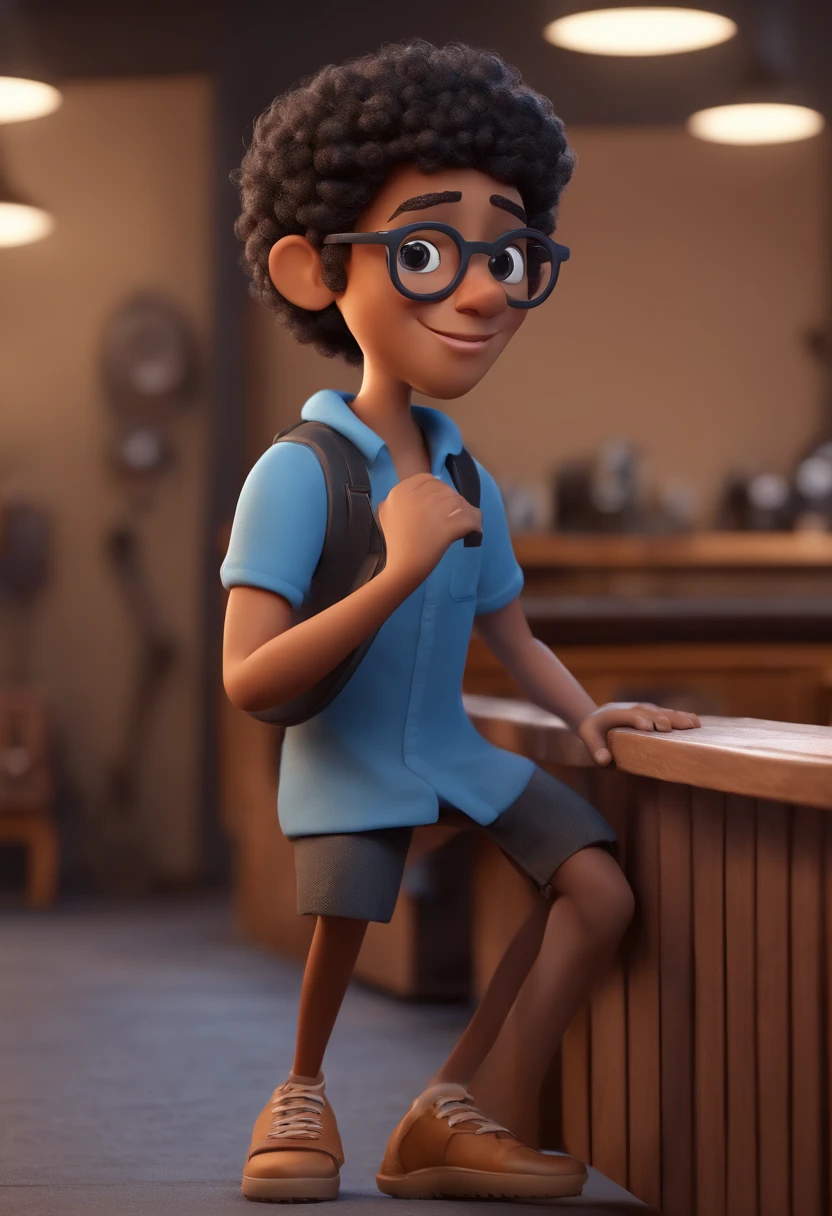 Cartoon character of a black curly haired ager with round black glasses and a blue shirt, animation character, Caractere estilizado, animation style rendering, 3D estilizado, 3 d render stylized,toon rendering, Personagem 3D, Personagem 3D, 3d rendering stylized, 3 d character render, personagem de desenho animado, (Estilo Pixar),(best quality) (pele detalhada) (textura detalhada) (8k),(Cinematic lighting) (foco nítido