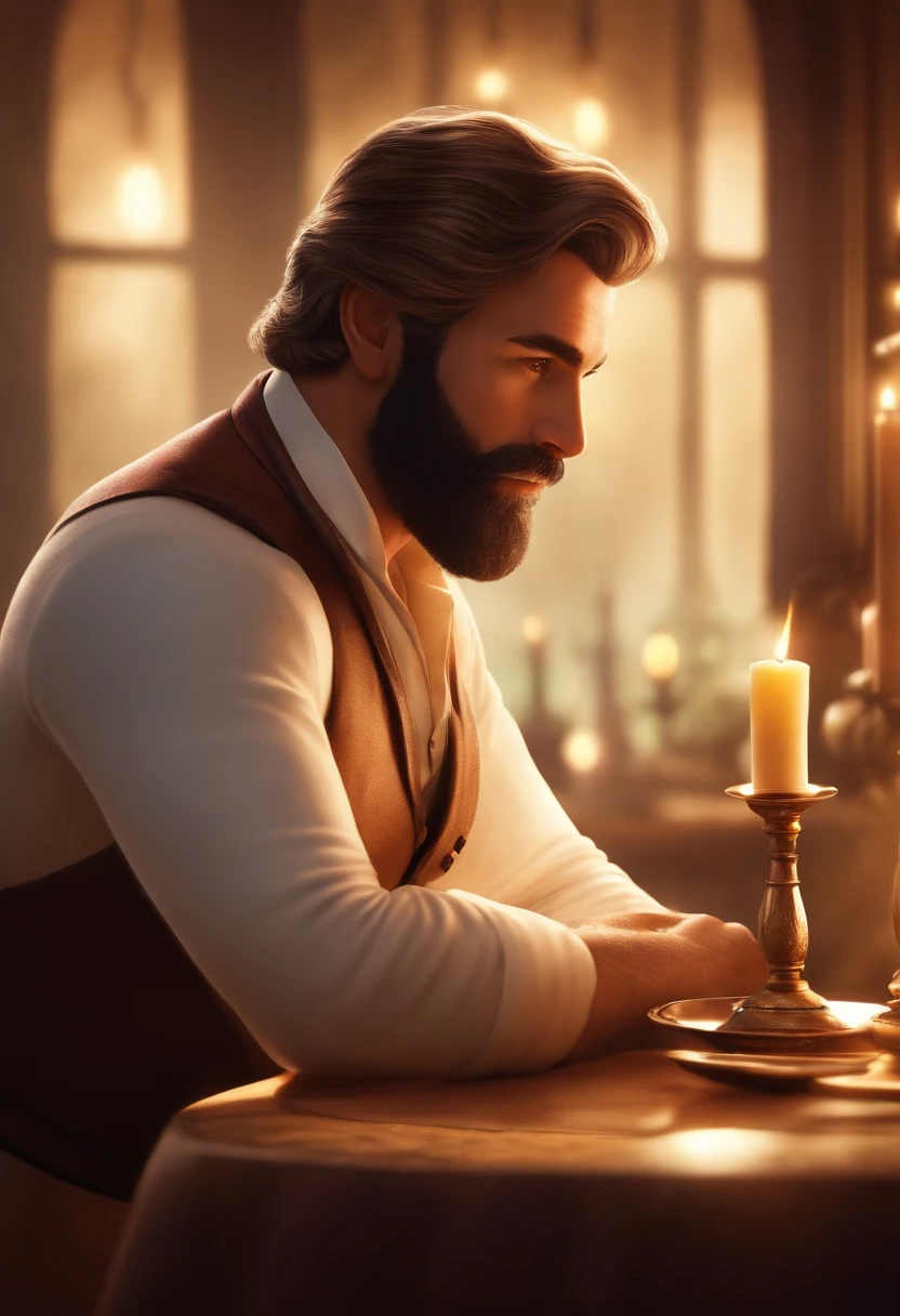 Poster no estilo Disney pixar, alta qualidade, melhor qualidade, homem sexy branco, 30 anos cabelo grisalho barba preta, musculoso, com fundo em um restaurante a luz de velas