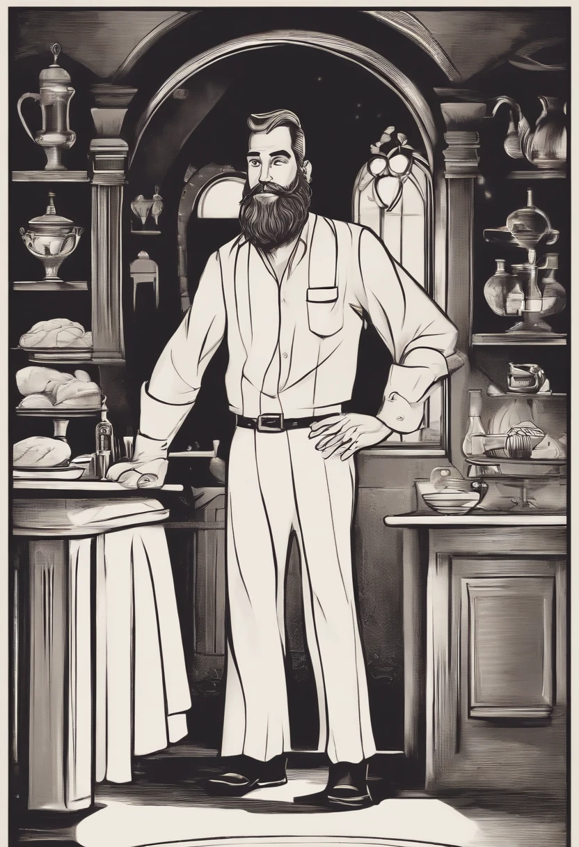 Poster no estilo Disney pixar, alta qualidade, melhor qualidade, homem sexy branco, 30 anos cabelo grisalho barba preta, musculoso, com fundo em um restaurante a luz de velas