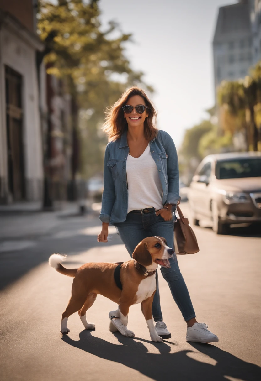 Pixar. Casal com um filhote de cachorro beagle marrom. A menina tem os cabelos loiros amarrados, Camiseta cinza e jeans claro, white glasses. O menino de cabelos pretos com cabelos grisalhos, barba pequena, oculos, Dark blue jeans and gray t-shirt. They are both smiling and are 40 years old