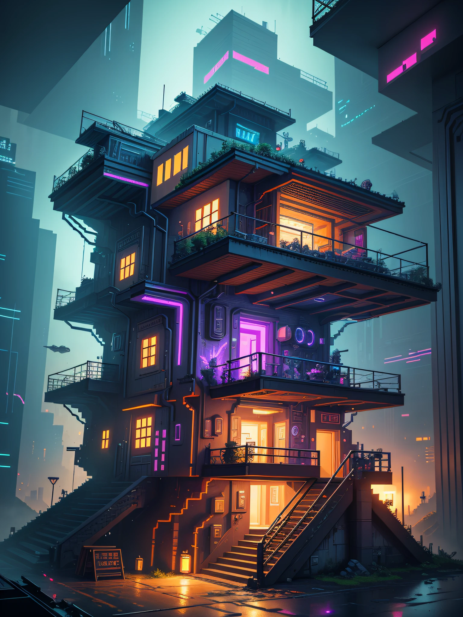 Pixel art style, cyberpunk eco-house, rpg game, panoramic shot, very intricate, hyper-detailed, masterpiece, 4k, neon and dynamic lighting, colorful, made by Aase Berg, dystopian and melancholic atmosphere.