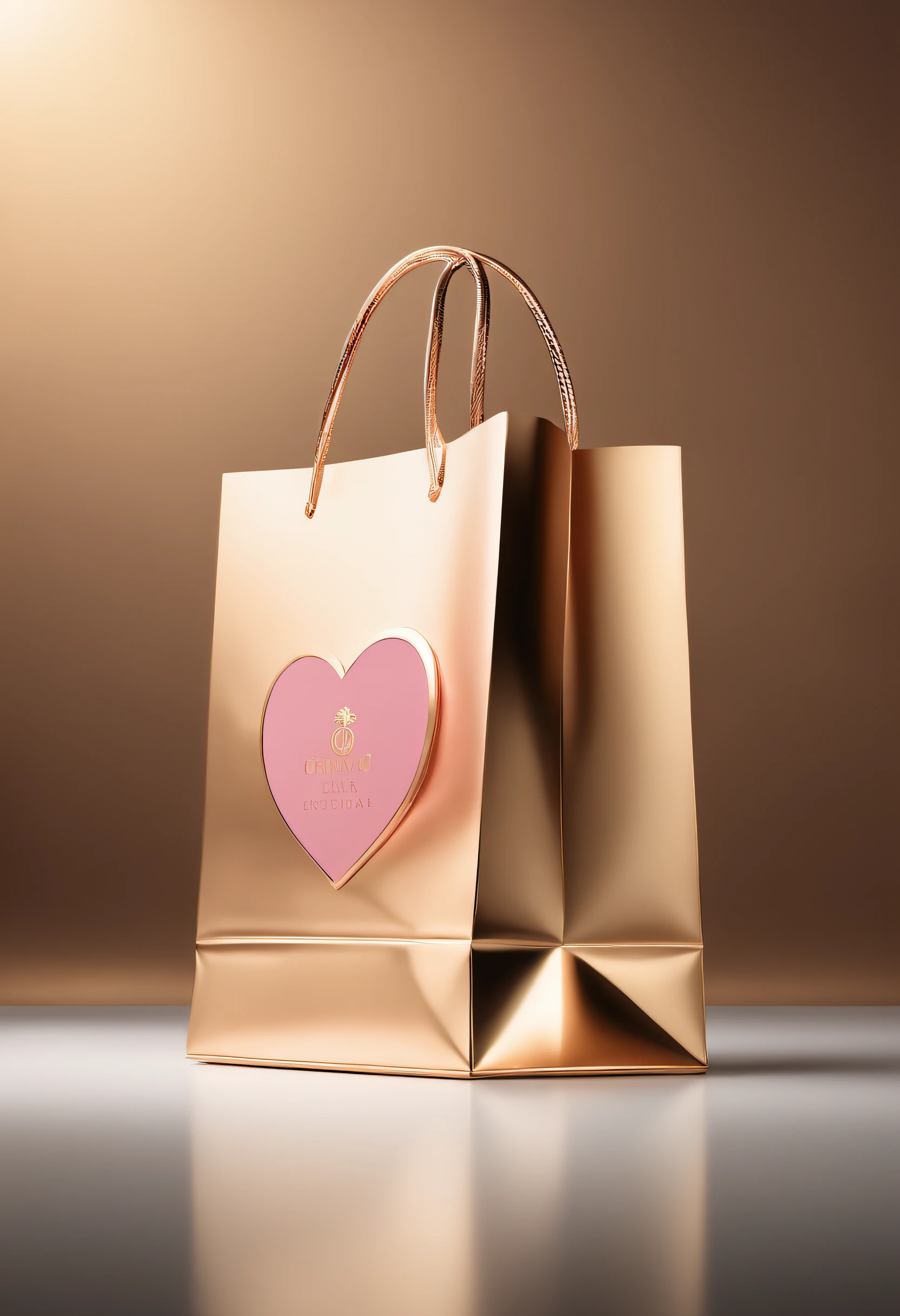 Create a logo that features a rosegold shopping bag as its central element. The shopping bag should radiate an aura of luxury and elegance, with a beautifully shimmering rosegold color. In the center of the bag, incorporate a dainty pink heart, adding a touch of charm and emotion to the design. Directly beneath the shopping bag, inscribe the text 'Preciso De Ofertas' in bold and prominent golden letters. Ensure that the golden text is highly visible, making a powerful statement about the desire for exceptional deals. The entire logo should convey a sense of shopping excitement and a strong yearning for attractive offers while maintaining a chic and opulent aesthetic