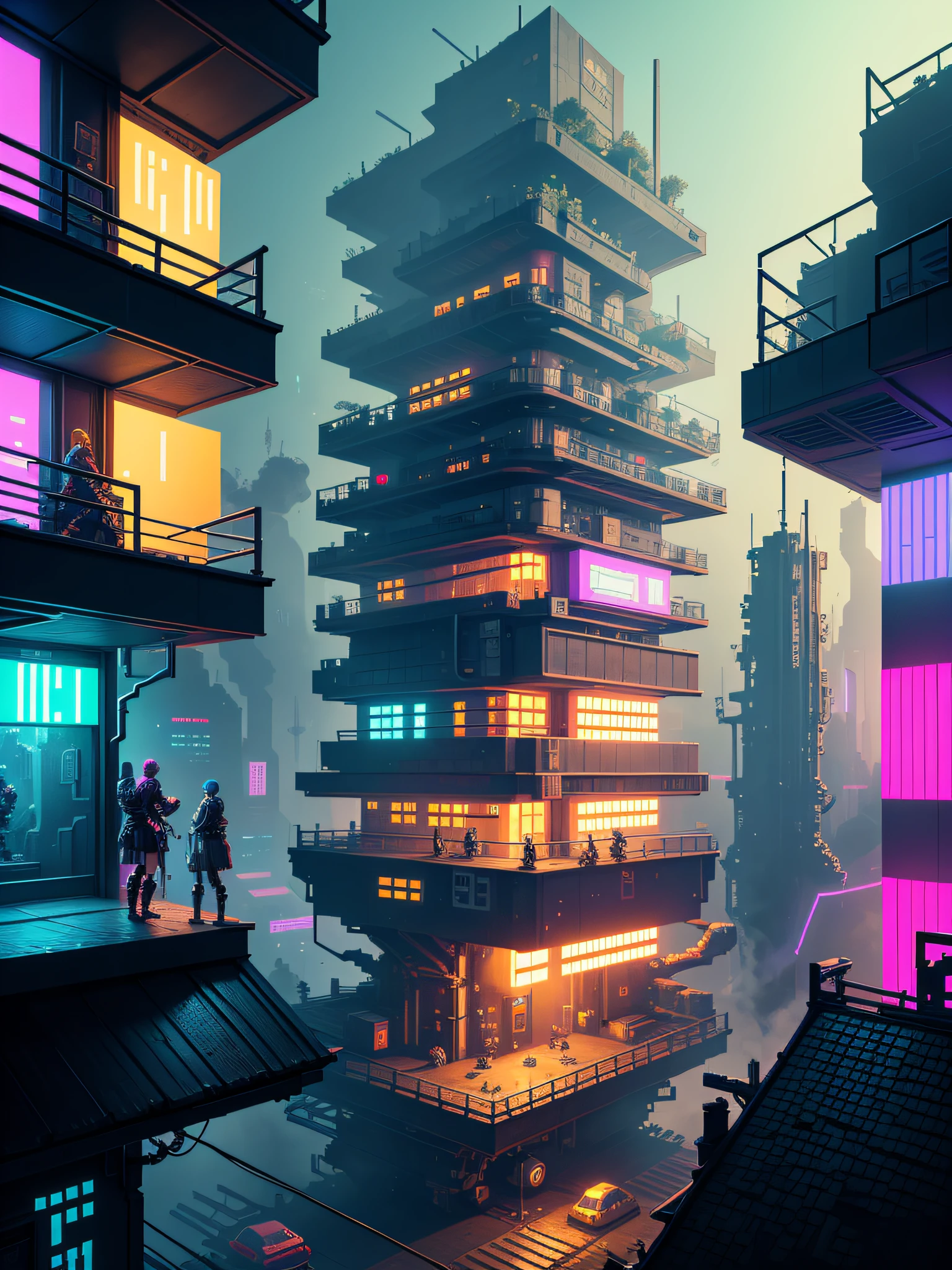 Pixel art style, cyberpunk eco-house, rpg game, panoramic shot, very intricate, hyper-detailed, masterpiece, 4k, neon and dynamic lighting, colorful, made by Aase Berg, dystopian and melancholic atmosphere.