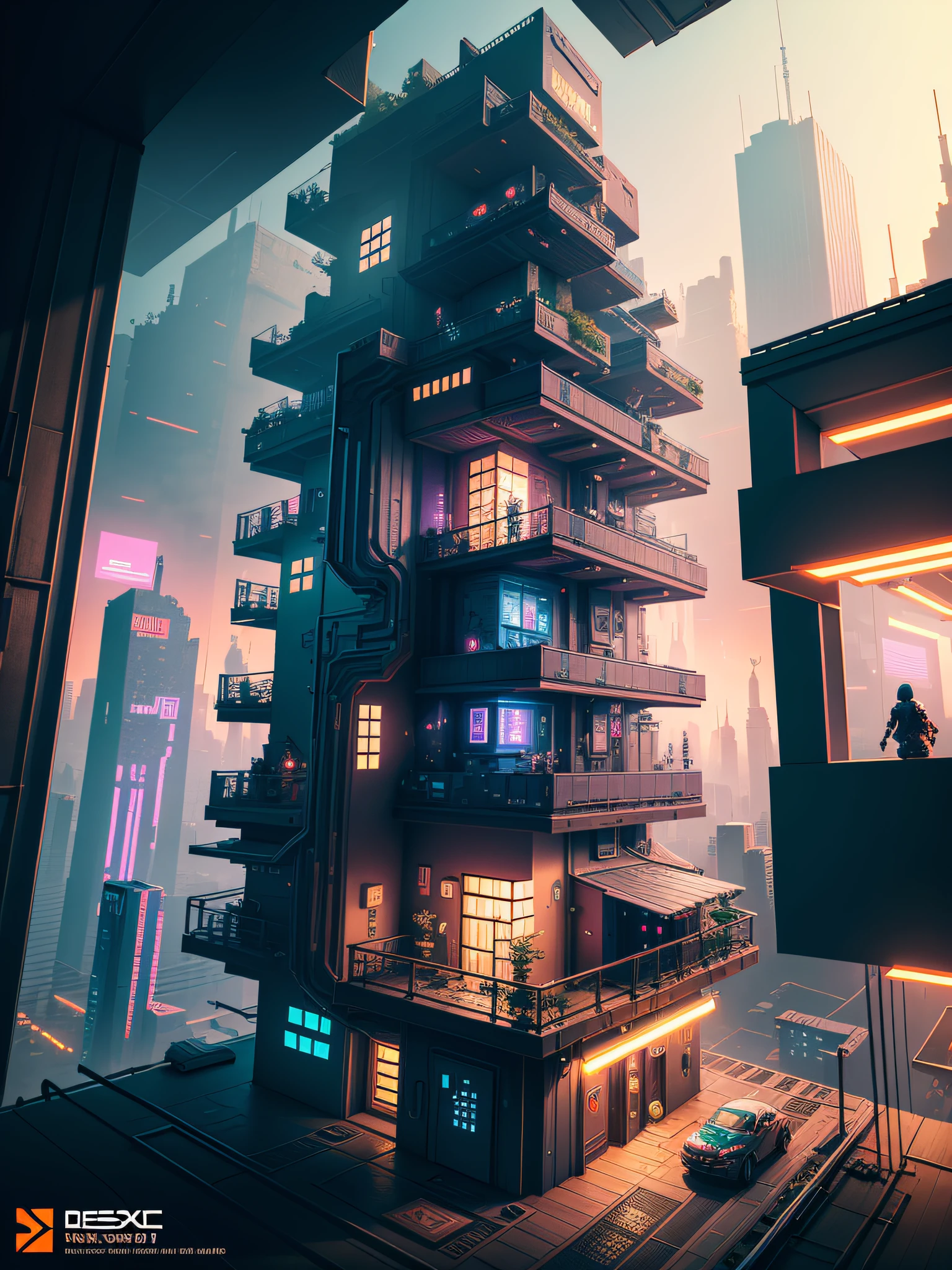 Pixel art style, cyberpunk eco-house, rpg game, panoramic shot, very intricate, hyper-detailed, masterpiece, 4k, neon and dynamic lighting, colorful, made by Aase Berg, dystopian and melancholic atmosphere.