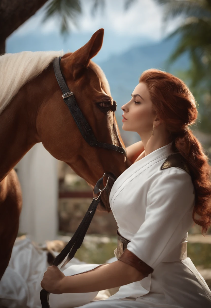 master part, ultra high quality cg, best quality, imagem perfeita, sozinho, Lydia Sobieska (Tekken, cabelo loiro com rabo de cavalo alto, olhos azuis, Arco de cabelo vermelho, forte), wearing a sexy karate outfit, sentado na cama, Olhando para os lados, Corar, ombros mostrando, in a European mansion