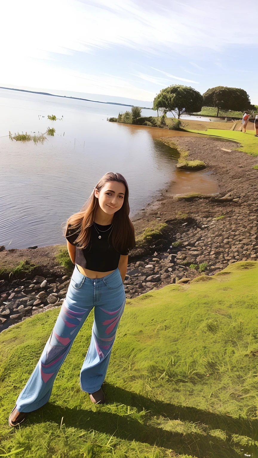 There's a woman standing on the grass near the water, standing next to water, standing in a lake, ela tem cerca de 1 6 anos de idade, Lago ao fundo, em um parque e ao lado de um lago, taken with the best dlsr camera, sentado em frente a um lago, standing in a pond, no meio de um lago