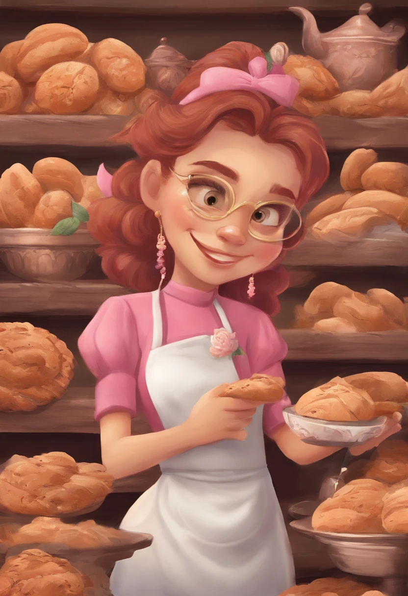 Create a Disney Pixar Poster. Uma mulher chef de cozinha, tem cabelos cor marrom escuro, cabelos curtos, Is smiling happily, tem olhos marrons pequenos, usa brincos pequenos, tem pele branca. She's making bread in a bakery and she's talking on her cell phone. Na confeitaria tem flores na cor rosa.