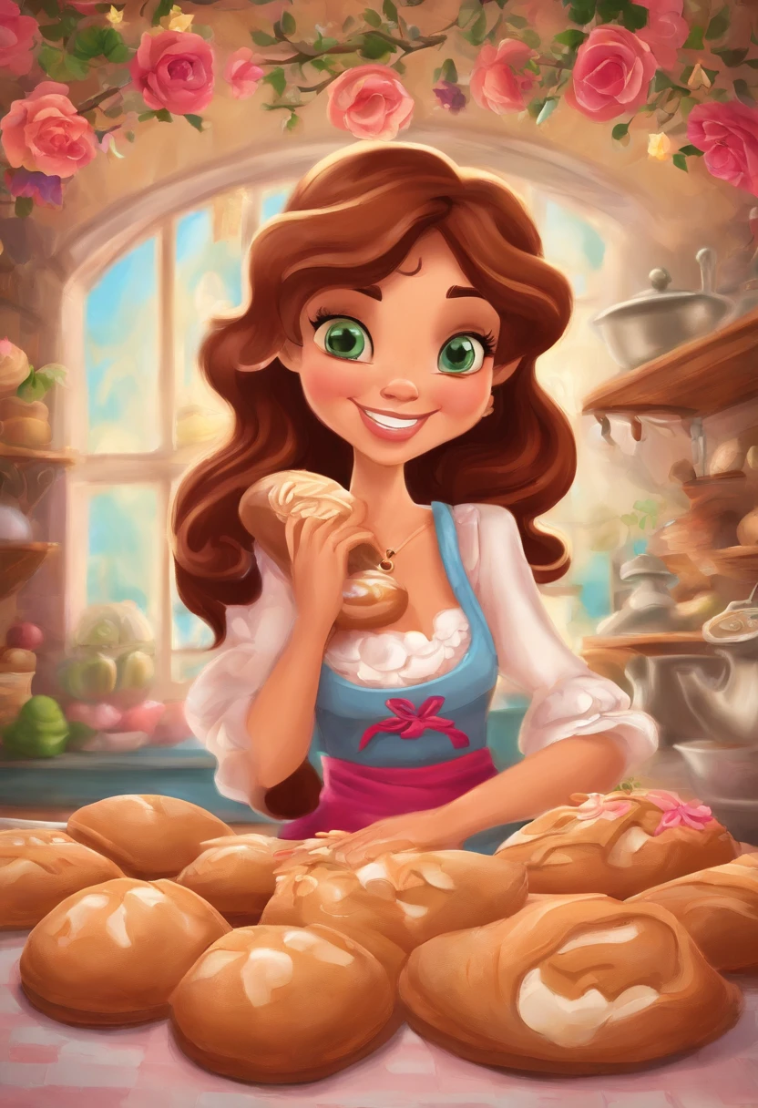 Create a Disney Pixar Poster. Uma mulher chef de cozinha, tem cabelos cor marrom escuro,  cabelos curtos, Is smiling happily, tem olhos marrons pequenos, usa brincos pequenos, tem pele branca. She's making bread in a bakery and she's talking on her cell phone. Na confeitaria tem flores na cor rosa.