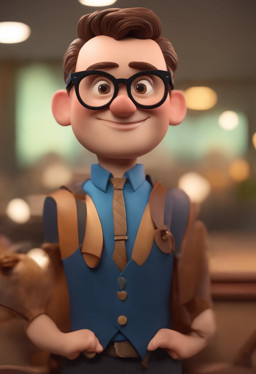 Cartoon character of a man wearing black glasses and a blue shirt, um personagem animado, Caractere estilizado, animation style rendering, 3D estilizado, Arnold Maya render, 3 d render stylized, toon render keyshot, Personagem 3D, Personagem 3D, 3d rendering stylized, 3 d character render, personagem de desenho animado, Personagem de close up, Pose de personagem, (Estilo Pixar) (master part:1.2) (Bokeh) (best quality) (pele detalhada) (textura detalhada) (8k) (argila) (Cinematic lighting) (foco nítido,Senta e vaza a parte superior do corpo