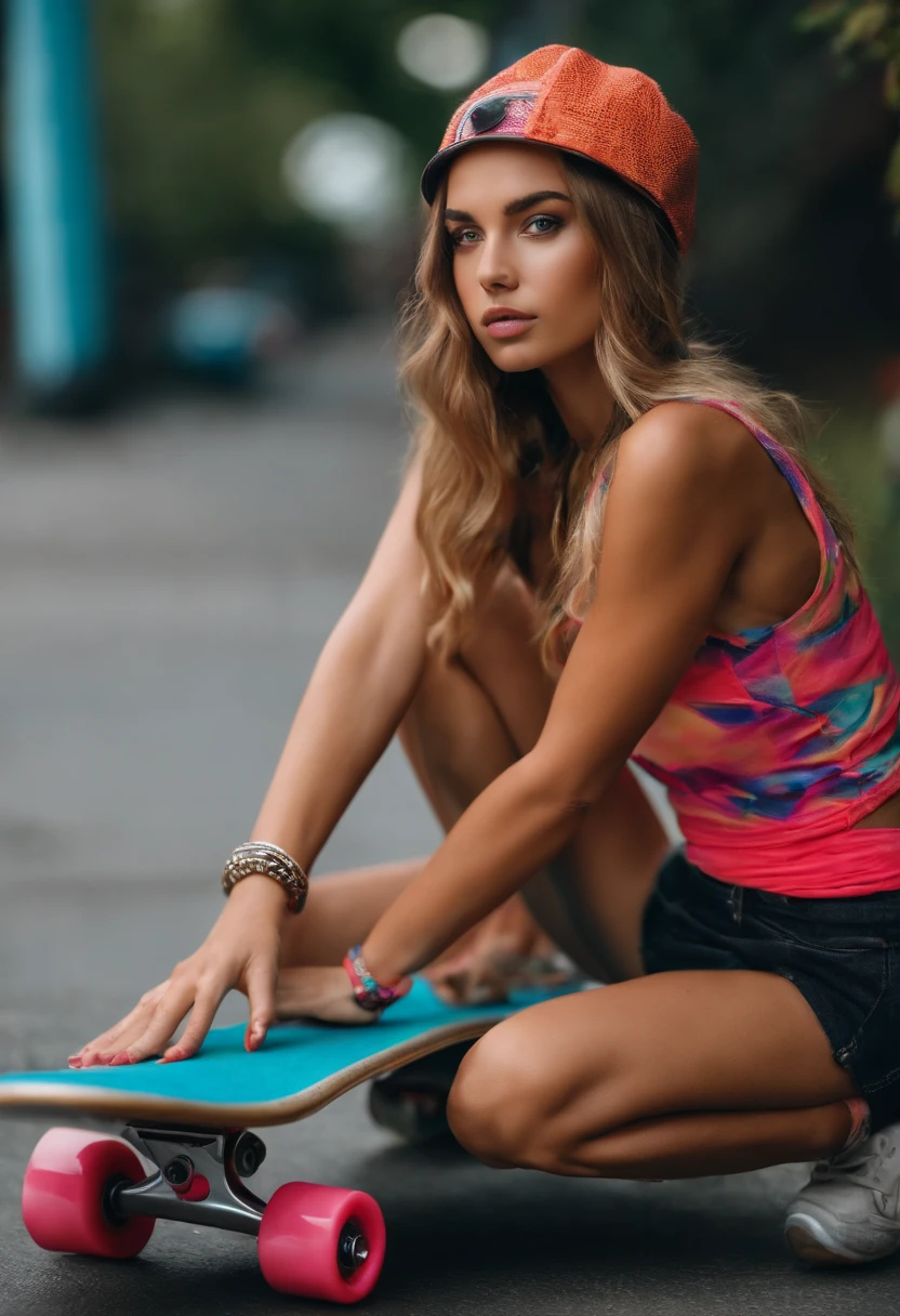 Young lady in skimpy skateboard clothes