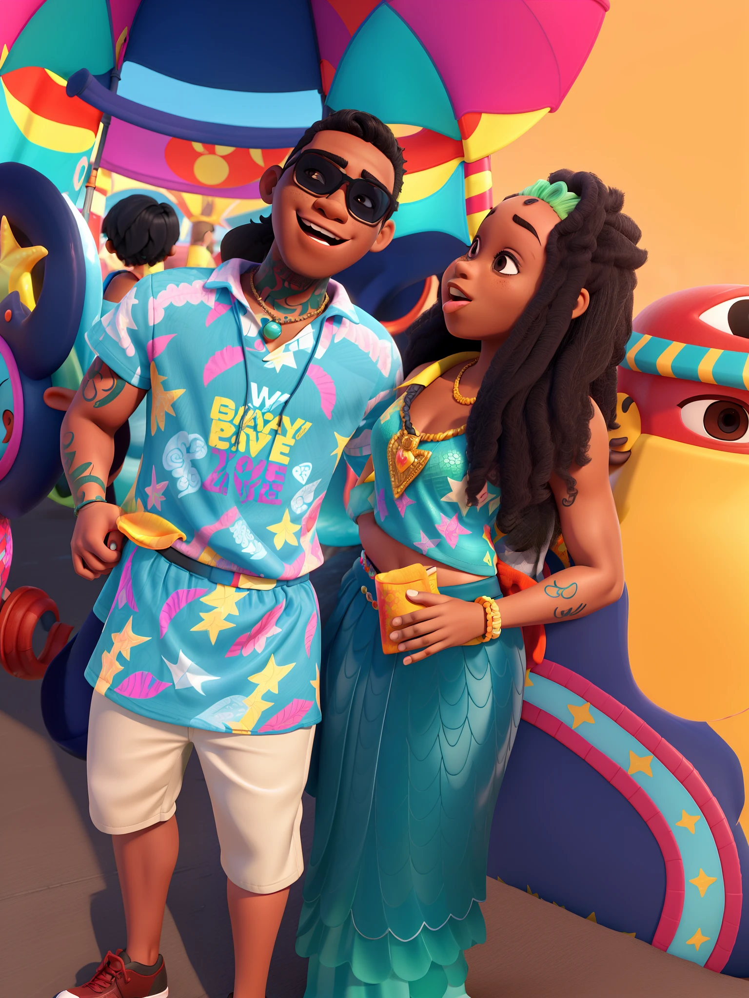 a couple in a carnival group in Recife, both with their mouths open and tongues out. The boy is dark-skinned with tattoos on his forearm and sunglasses, he has a more athletic body, short but strong shoulders. the girl is a little lighter in color than the boy and has a glow on her face, with a mermaid tail skirt
