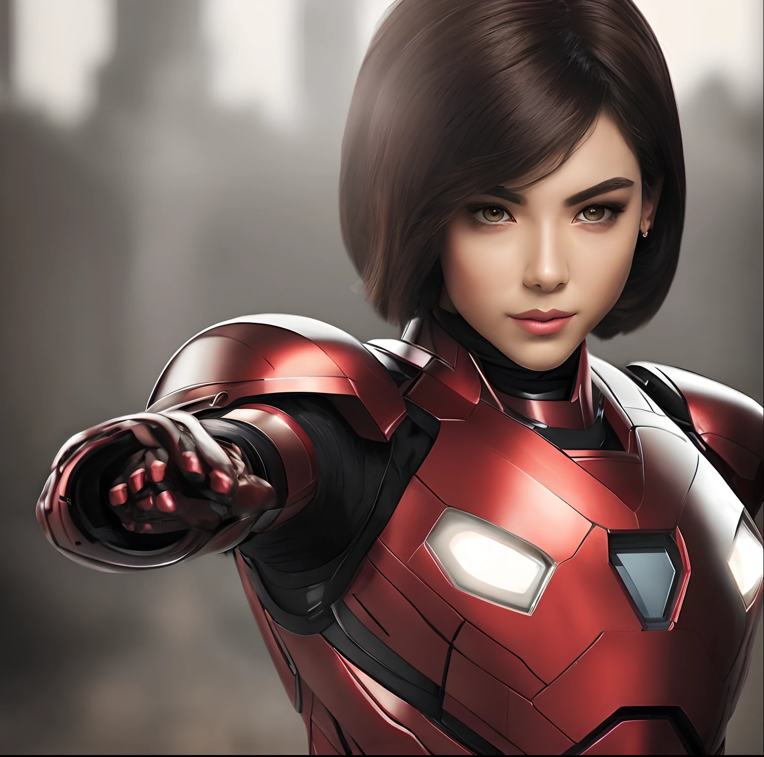 features short straight hair, large dark brown eyes, full mouth and thick, well-shaped eyebrows, with iron man armor