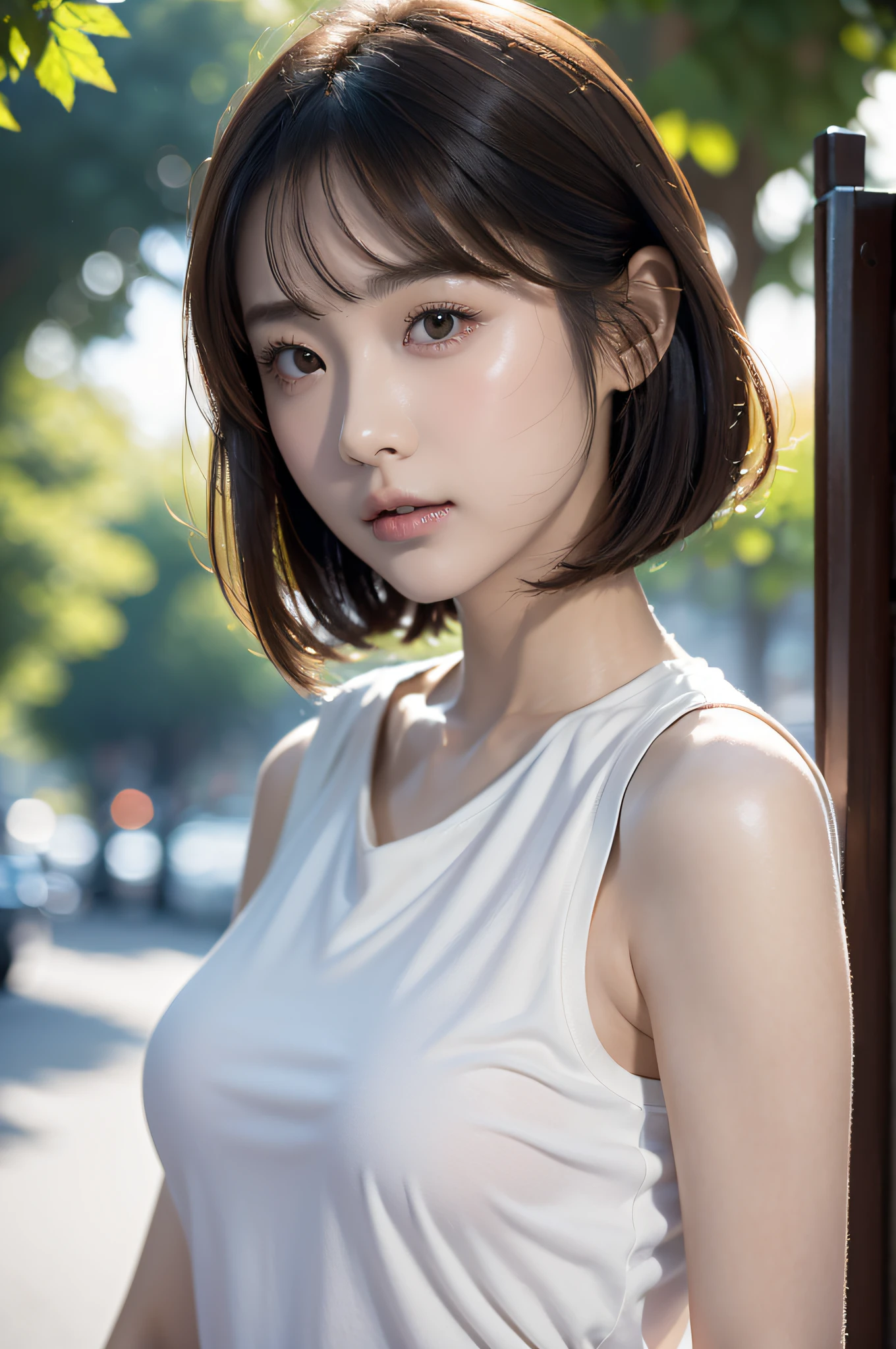 8K、top-quality、​masterpiece、超A high resolution、Photo Beautiful Japan woman(pleasing:1.1) Elegance、There is a good、Transparent atmosphere、Beautiful face、Gradient lighting、1girl in、Delicate skin、Look into the distance、Brown-eyed、short hair with bangs、breasts are large、Raw photography、(pureerosface）、Plain Pleated Cap Sleeve Tops、Sleeveless、The shirt、Round Neck、Take your eyes off、Stylish cityscape、Street Trees、the morning sun、The morning sun is dazzling、Biologically correct human anatomy and body