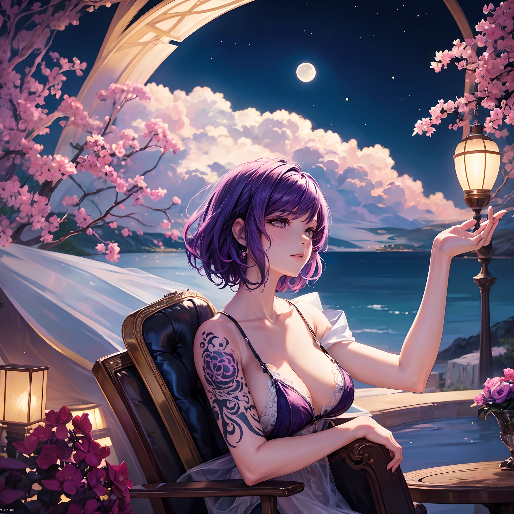 An artistic painting depicting a woman sitting on a chair in a beautiful and stunning place at night. Her hair is short and tends to be pinkish-purple, and her hair color is close to that. The moon appears in the sky. The woman has a beautiful tattoo on her back, which adds a unique touch to her personality and to the scene in general.”