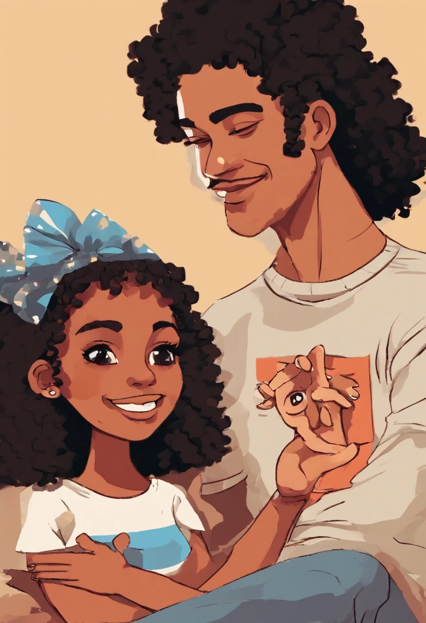 An illustration of an adorable couple, destacando a un hombre blanco y una mujer negra con hermosos ojos expresivos: la piel del hombre es blanca y el cabello del hombre es liso y negro, while the woman's skin is black and the woman's hair is curly and brown down to the shoulders. She holding a curly-haired 4-year-old white girl and he holding a 2-year-old mulatto girl with straight hair They are a bright room, Cada uno con una sonrisa en la cara, y compartir un momento especial caracterizado por el amor, Ideas. Illustrate this scene from a perspective where they're looking at the camera, Smile and show your connection. Desarrolla este arte en Full HD, Focus on your cinematic touch, Estilo de animaciones de Disney Pixar