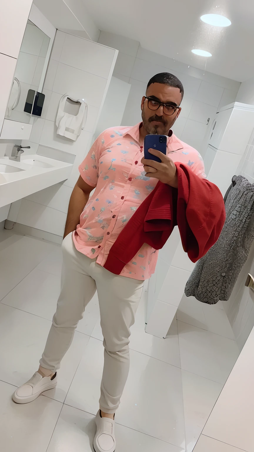 there is a man taking a selfie in a bathroom mirror, com camisa havaiana, foto da roupa, vestindo um pescador 🧥, Waring uma camisa havaiana, usando um parker, vestido casualmente, imagem de corpo inteiro, vestindo uma camisa de linho, selfie espelho, fotografia da roupa, summer shirt, vestindo chiton floral rosa, em frente a um espelho, selfie de um homem