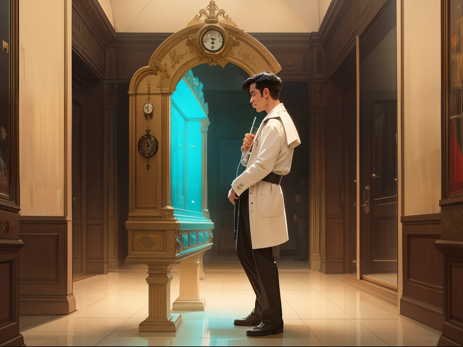 A scientist stepping out of a time machine