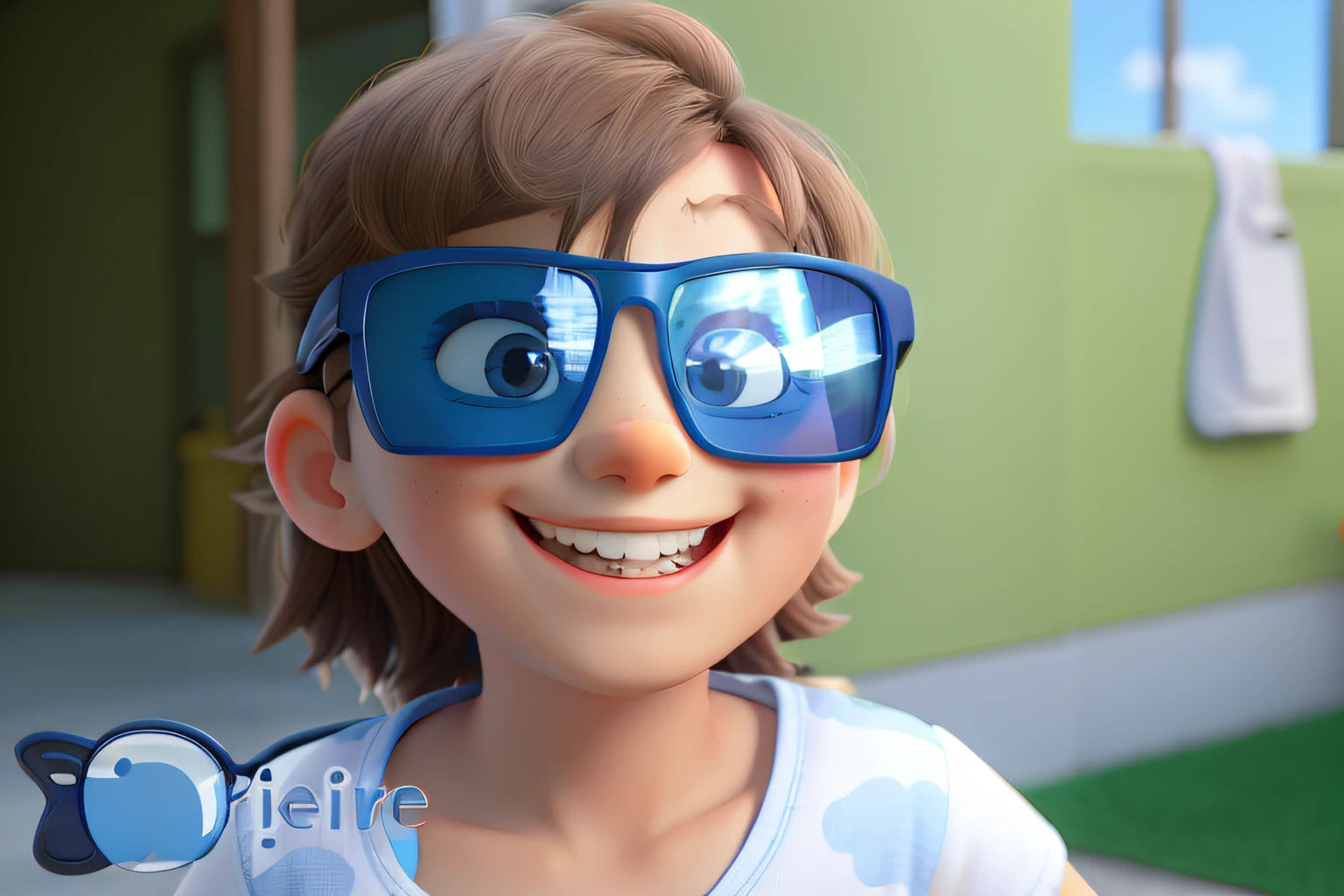 A big smiling child wearing blue sunglasses