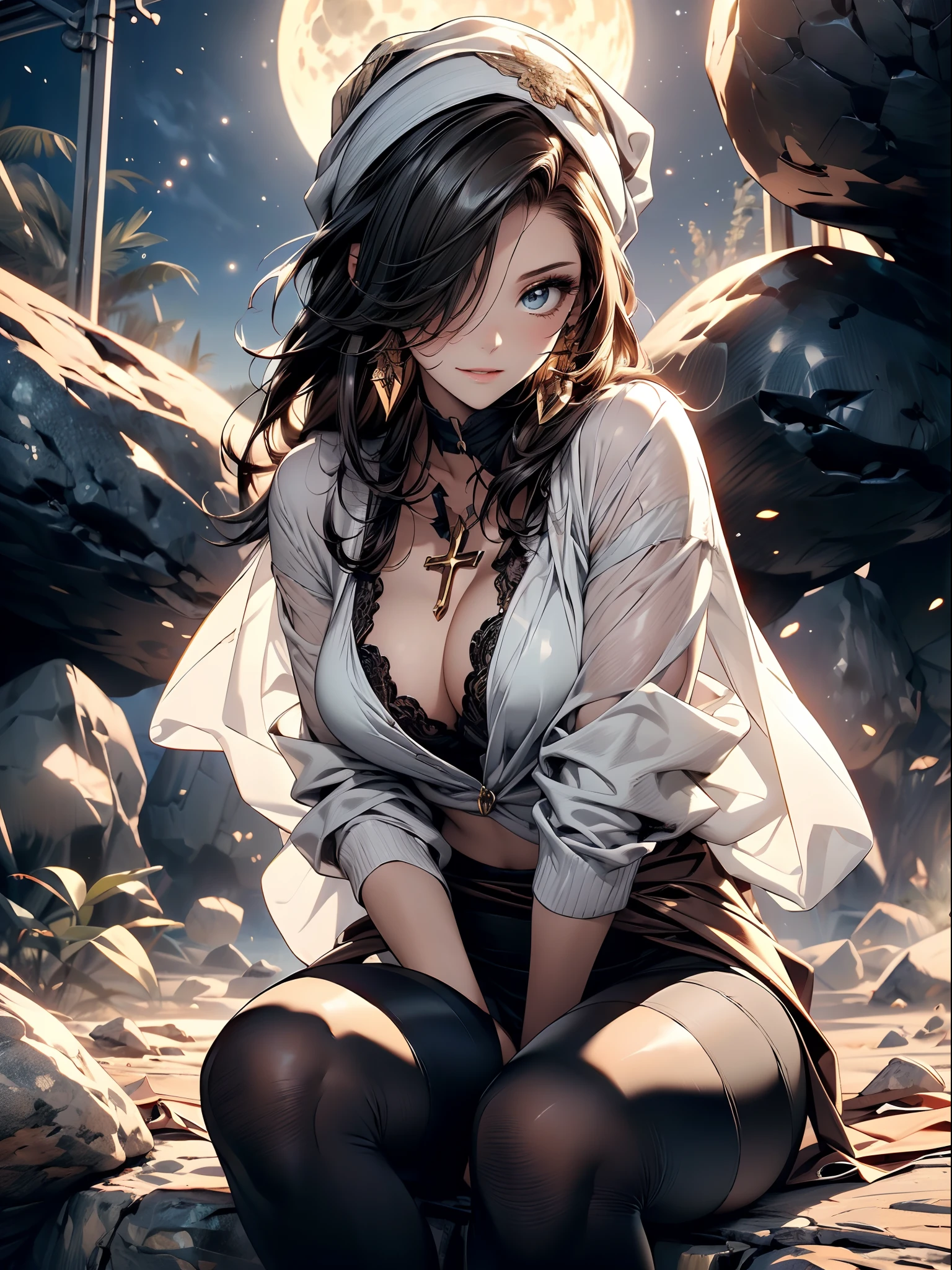 a matured woman with long black hair and a white outfit, (at a rock place in a desert:1.5), (resting in oasis:1.2, sitting with opening legs:1.5, Yoga posing, with cross-legged:1.3, Indian style, in front of full moon:1.2), Arabic, (Post apocalyptic:0.0), from arknights, artwork in the style of guweiz, bodyesbian, fine details. girls frontline, beautiful anime illustration, from girls frontline, by Yang J, stunning, 26 years old, (milf:1.3), (solo:1.5), (sfw:1.25), sagging breast, large breasts, big tits, thin waist, big ass, Raised sexy, (dark mahogany medium short hair, updo, hair over one eye, asymmetric hair, Carly hair, low tied),(musulman, white Headscarfs, hair bands, head vandage, Turban), (ultra high resolution, 8K RAW photo, photo realistics, thin outline:1.3, clear focus), best qualtiy, natural lighting, blurry back ground, field depth, bokeh, (Bright pupils, detailed beautiful eyes, high detailed face), Red lip, looking away, (dynamic angle, front view:1.1, crotch focus:1.3, from above), dynamic posing, sexy posing, leaning forward, seductive smiling, center image, (wearing white long jacket and clothes, wearing white robes, platinum ornaments, rolling white clothes around waist, camel-brown long leather boots:1.3, translucent lace pantyhose), ((correct anatomy:1.5)), ((outdoor:1.2, in a night:1.3)),