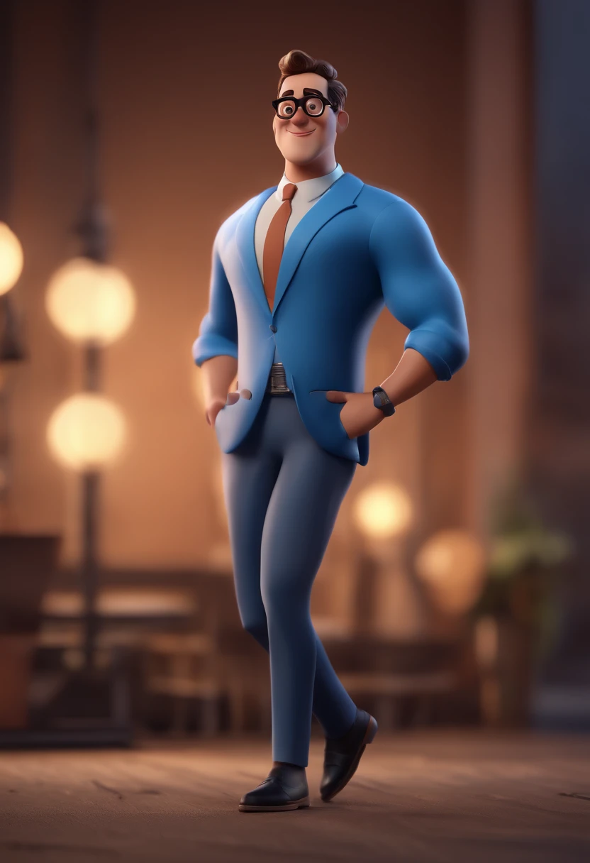 Cartoon character of a man with black glasses and a blue shirt, animation character, Caractere estilizado, animation style rendering, 3D estilizado, Arnold Maya render, 3 d render stylized, toon render keyshot, Personagem 3D, Personagem 3D, 3d rendering stylized, 3 d character render, personagem de desenho animado, Personagem de close up, Pose de personagem, (Estilo Pixar) (master part:1.2) (Bokeh) (best quality) (pele detalhada) (textura detalhada) (8k) (argila) (Cinematic lighting) (foco nítido