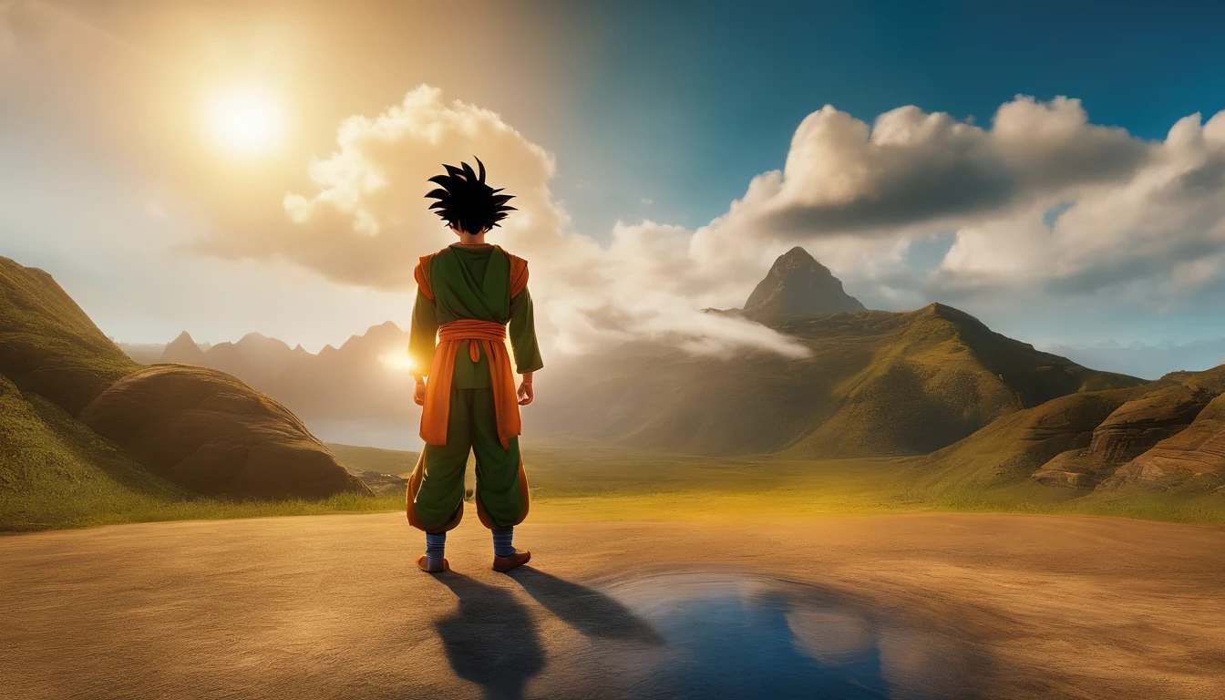 Garoto de 6 anos de idade, magro, olhos pretos, estilo dragon ball, vestido de goku super saiajin, paisagem: Dragon ball z